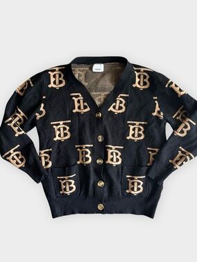 Burberry TB Monogram Cardigan Black Camel Logo Knit Quiet Luxury